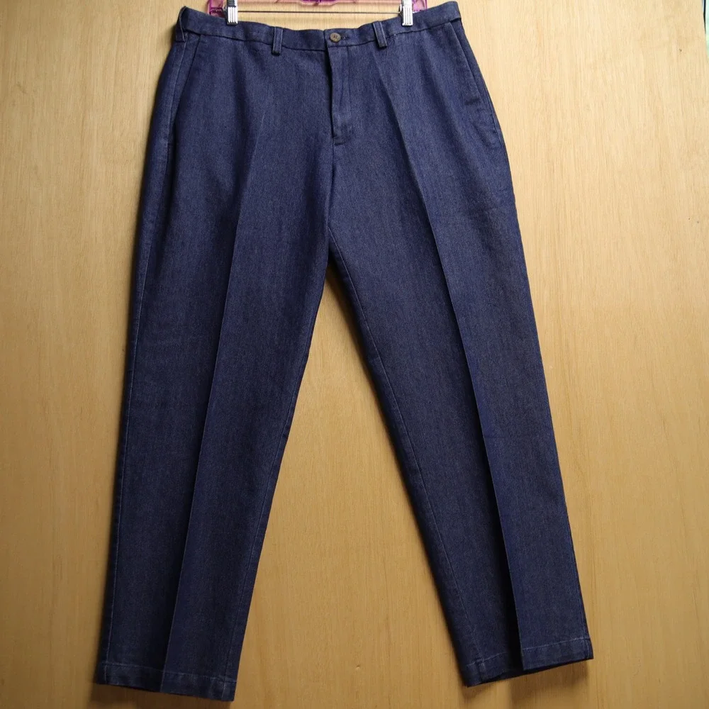 Mens Indigo Blue Denim Trousers Straight Leg Creased Casual Pants 35x29
